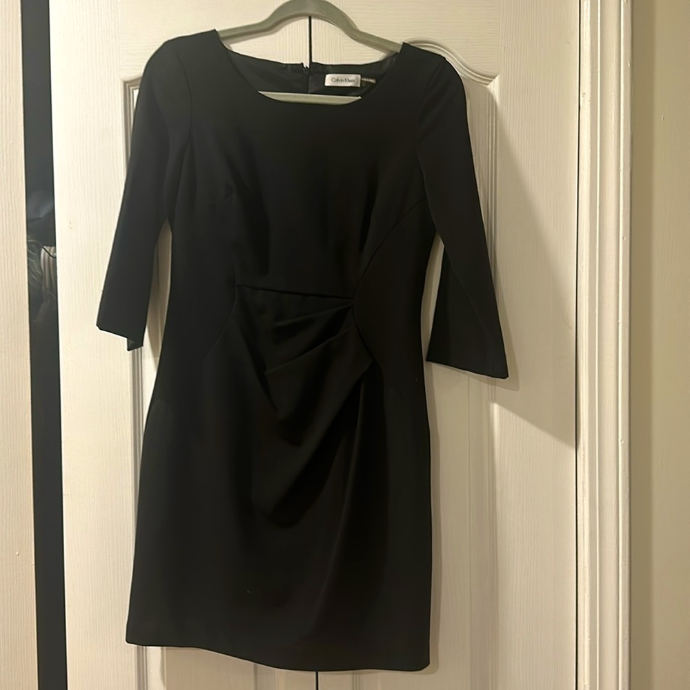 Calvin Klein Black Sheath Dress | Tailored Draped Waist | Minimalist Power Chic - Picture 3 of 8